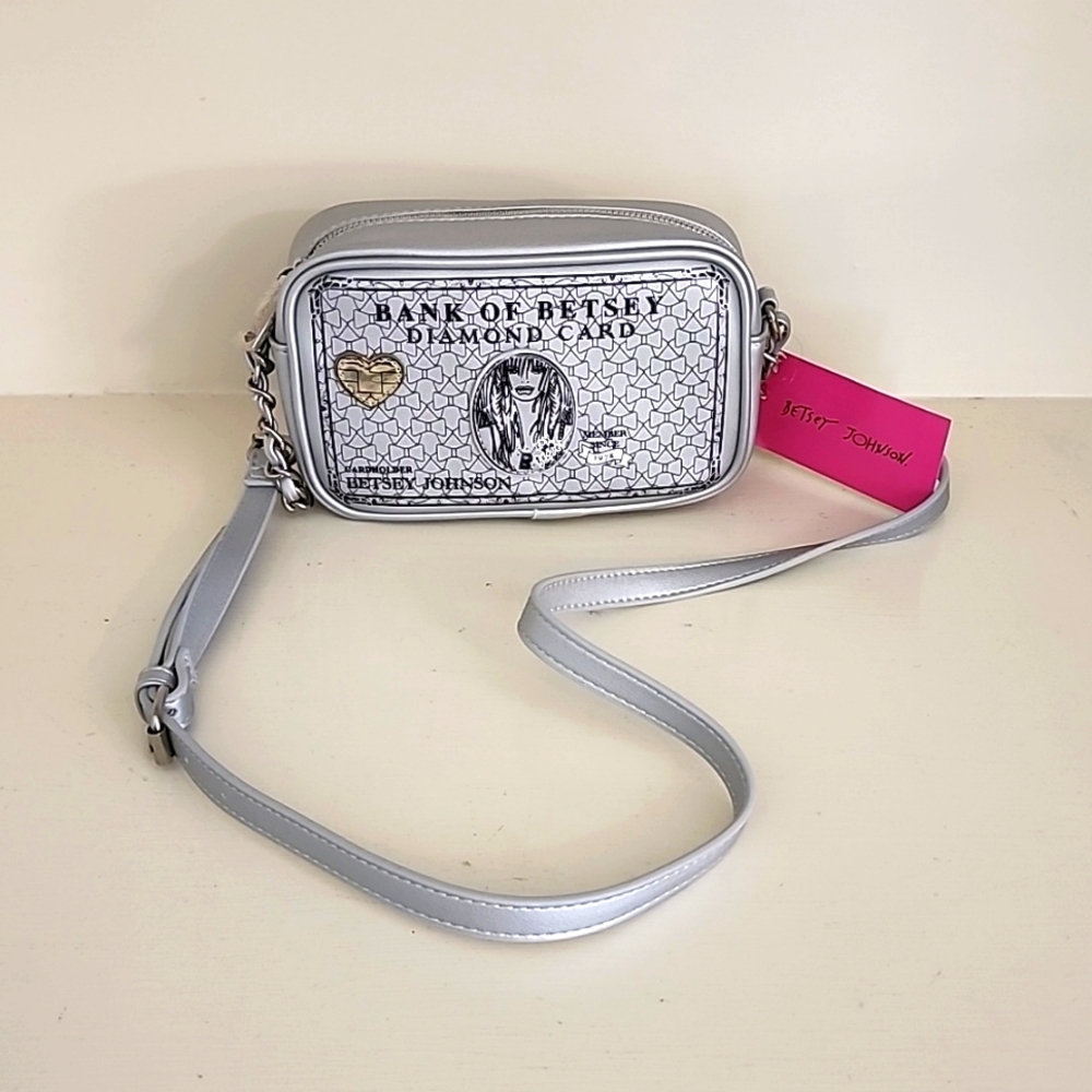 Betsey Johnson Bank Of Betsey Diamond Card Silver Crossbody Purse NWT